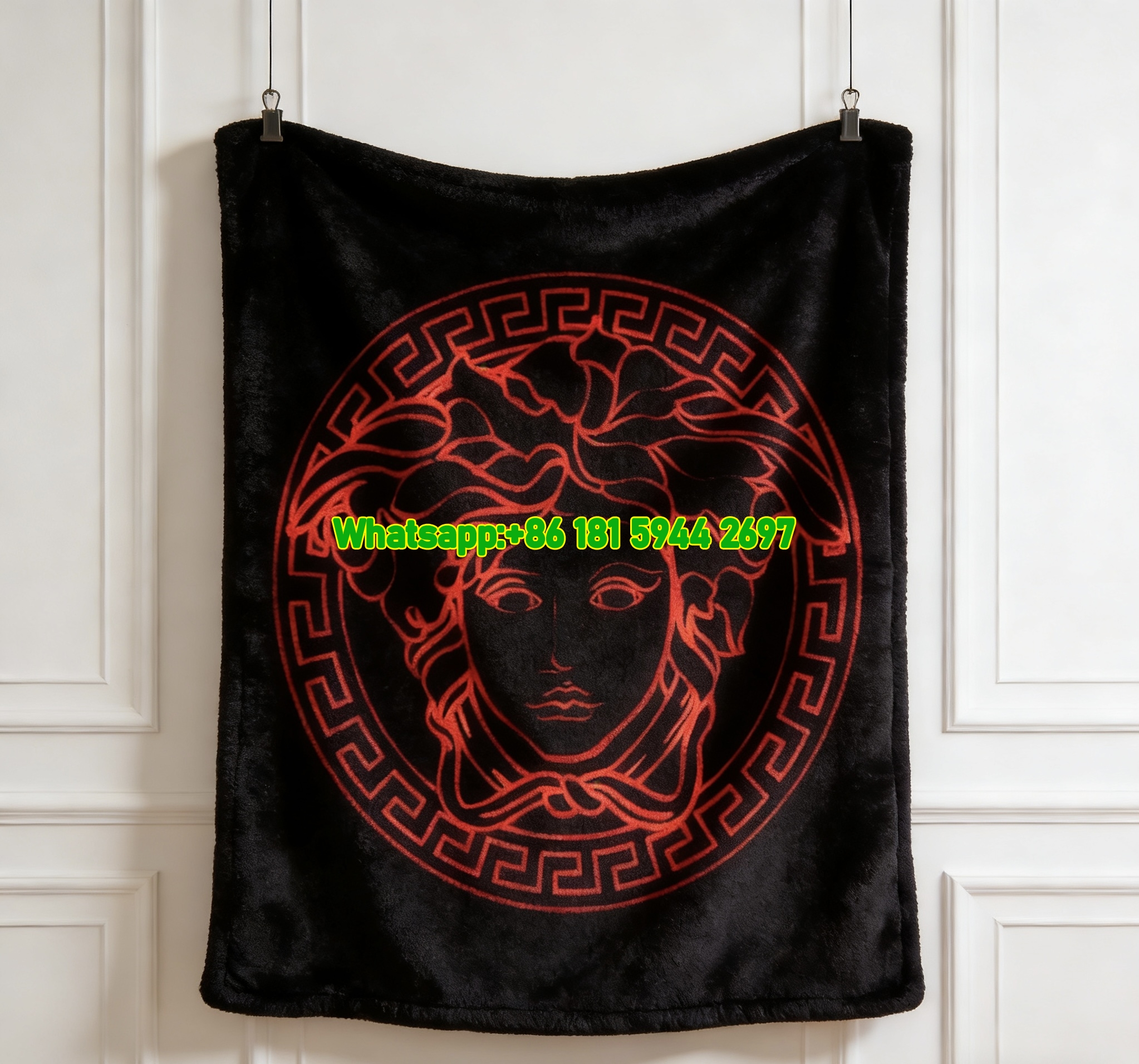 Versace Black Red Neon Medusa Greek Key Print Flannel Sofa Throw Blanket IMG_1435